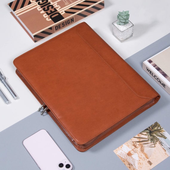 Pink Leather Padfolio For Women, Business Leather Binder 3 Ring Portfolio Personalzied Portfolio Binder Zippered Organizer A4 Letter Size Notepad 13 Inch Laptop T - View #2