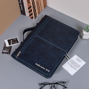 Personalized Navy Blue Leather Portfolio,Engraved Portfolio for Him,Large Leather Padfolio with Handle,Custom A4 Notepad Cover,Business Gift