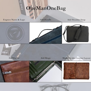 May include: A collage of images showing different customization options for a leather folder. The options include adding a handle, shoulder strap, zipper, rings, and modifying the interior layout. The folder is shown in different colors, including brown, green, and blue.