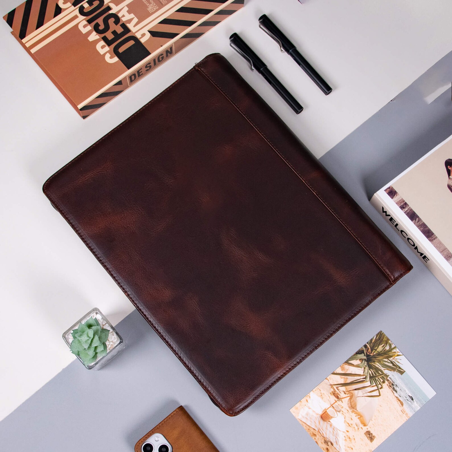 Custom Leather Portfolio,personalized Oil Wax Leather Padfolio,a4 ...