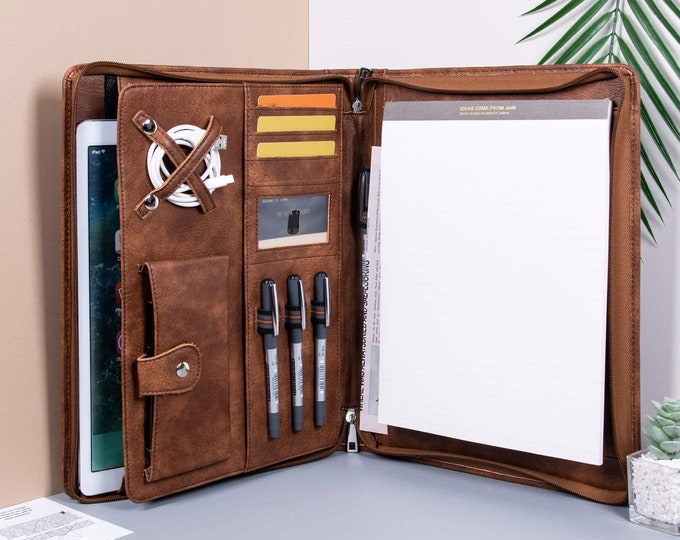 Custom Leather Business Portfolio, Office Vintage Leather Padfolio with Zipper, Personalized A4 Document Holder, Premium Celebration Gift