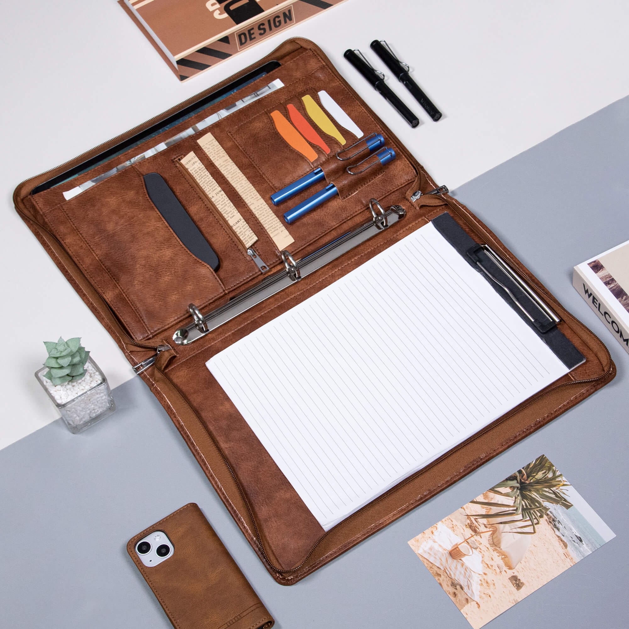 Personalized Vintage Leather Portfolio, Custom 3-Ring Binder Portfolio, Office Padfolio with Clipboard, Custom Company Gift, Graduation Gift