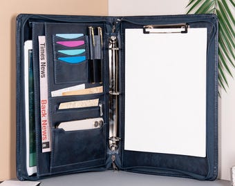 Personalized Vintage Leather Portfolio, Custom 3-Ring Binder Portfolio, Office Padfolio with Clipboard, Custom Company Gift, Graduation Gift