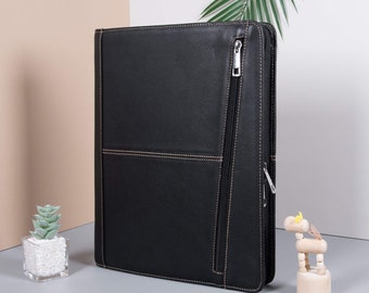 Personalized Black Cowhide Portfolio with Zipper, Custom Genuine Leather Padfolio ,A4 Notebook Holder for Him, Corporate Gift, Gifts for Him