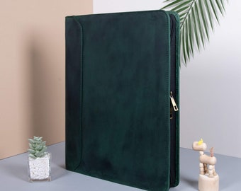 Personalized Green Crazy Horse Leather Portfolio with Zipper,3R Binder Office Document Storage,A4 Notepad Folder for Men,Custom Gift for Him