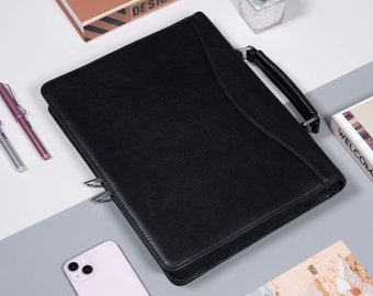 Personalized Black Full Cowhide Leather Portfolio with Handle, Genuine Leather Padfolio with Zipper,Document Organizer for Him,Gifts for Men