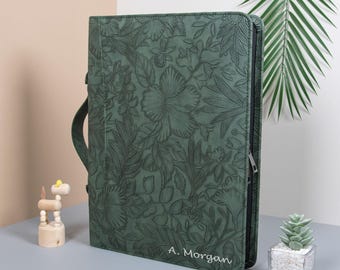 Monogrammed Leather Business Portfolio, Personalized A4 Notepad Cover, Embossed Zippered Portfolio, Leather Padfolio Women, Christmas Gifts