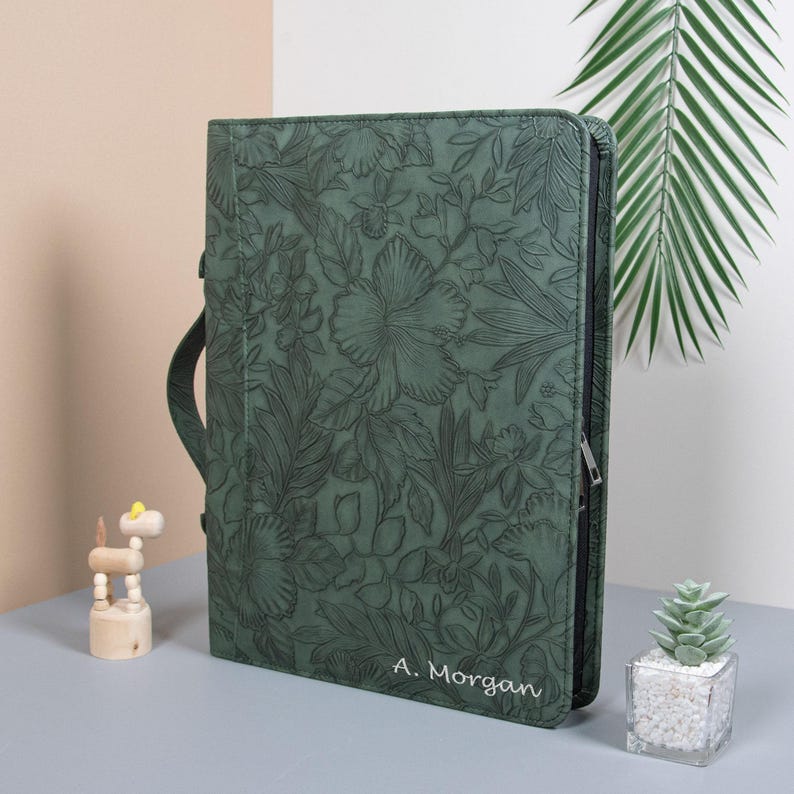 Monogrammed Leather Business Portfolio, Personalized A4 Notepad Cover, Embossed Zippered Portfolio, Leather Padfolio Women, Christmas Gifts image 1