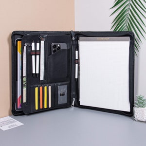 Portafolio personalizado de cuero vegano negro, portafolios de cuero para negocios, portacuaderno A4 personalizado para hombre, regalos de empresa