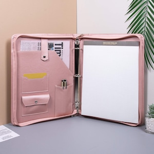Carpeta de 3 anillas Cartera de cuero de PU, Organizador de documentos A4 personalizado, Portafolio de negocios de cuero personalizado con cremallera, Regalo premium para mujeres