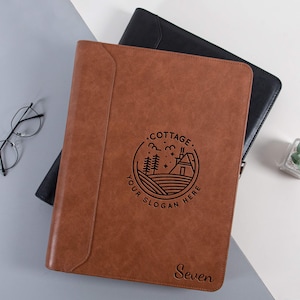 Portafolio personalizado con logotipo de empresa, portafolio de cuero personalizado, portafolio de cuero vegano grabado, cuaderno de cuero, regalos empresariales