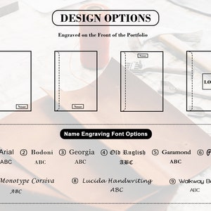 K&ouml;nnte beinhalten: Designoptionen f&uuml;r ein Lederportfolio, die verschiedene Gravurstile zeigen. Die Optionen umfassen die Gravur eines Namens, eines Logos oder eines einfachen Designs. Das Bild zeigt auch verschiedene Schriftarten f&uuml;r die Gravur von Namen, darunter Arial, Bodoni, Georgia, Old English, Garamond, Pacifico, Monotype Corsiva, Lucida Handwriting und Walkway Bold.