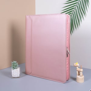 Gepersonaliseerde roze PU-lederen portfolio voor vrouwen, notitieblokhouder voor 3 ringbanden met ritssluiting, A4-documentopslag voor vrouwen, cadeaus voor moeder
