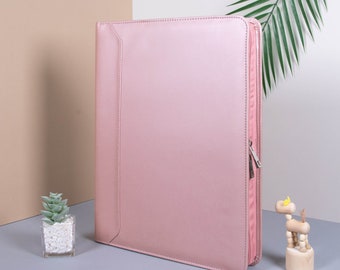 Personalized Pink PU Leather Portfolio for Women,3 Ring Binder Notepad Holder with Zipper, A4 Document Storage for Women, Gifts for Mother