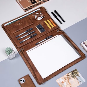 Portafolio de cuero personalizado para negocios, portafolios de cuero vintage para oficina con cremallera, portadocumentos A4 personalizado, regalo de celebración premium