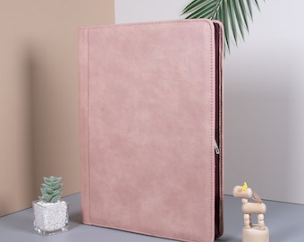 Personalized Retro Pink Leather Portfolio,A4 Notepad Cover for Her,Zippered Document Organizer,Custom Padfolio for Women,Mother's Day Gifts