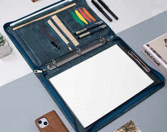 Pasta de 3 argolas vintage azul, organizador de negócios de couro personalizado, pasta padfólio de couro personalizada para homens, presente de comemoração exclusivo