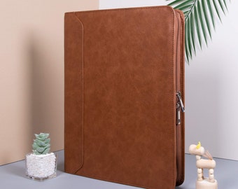 Personalized Brown Vegan Leather Portfolio with 3R Binder, Zippered Document Holder, A4 Notepad Folder for Men, Custom Gifts for Mother