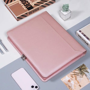 Personalized Pink PU Leather Portfolio for Women,3 Ring Binder Notepad Holder with Zipper, A4 Document Storage for Women, Gifts for Mother image 6