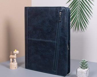 Navy Blue Leather Portfolio Organizer,Personalized Pu Leather Padfolio for Men,Custom A4 Document Holder,Father’s Day Gift,Graduation Gift