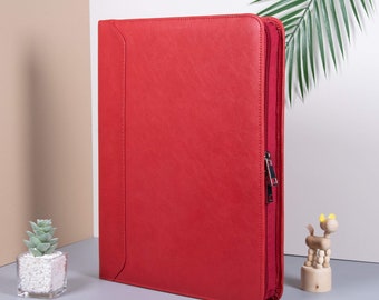 Custom Red Vegan Leather Portfolio with 3 Ring Binder, A4 Notepad Folder for Her, Name & Logo Engraved Laptop Holder, Personalized Gifts