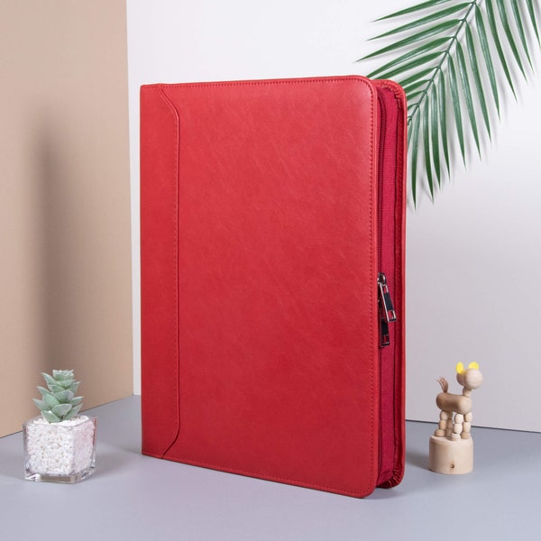 Custom Red Vegan Leather Portfolio with 3 Ring Binder, A4 Notepad Folder for Her, Name & Logo Engraved Laptop Holder, Personalized Gifts