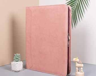 Personalized Pink Leather Portfolio with 3R Binder, Zippered Document Organizer for Her,A4 Notepad Folder, Gifts for Women, Gifts for Mother