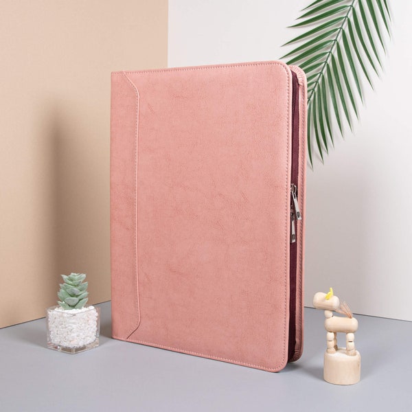 Portafolio de cuero rosa personalizado con carpeta 3R, organizador de documentos con cremallera para ella, carpeta de bloc de notas A4, regalos para mujeres, regalos para madre