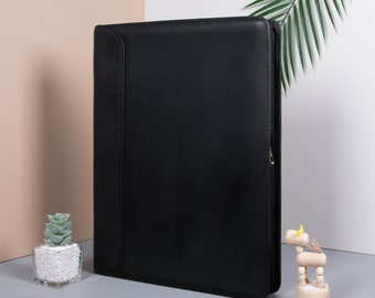 Personalized Black Crazy Horse Leather Portfolio with 3R Binder, Office Document Folder with Zipper, A4 Notepad Folder for Men, Gift for Men