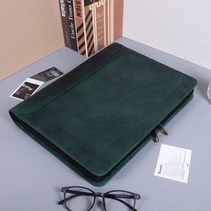 Personalized Green Crazy Horse Leather Portfolio with Zipper,3R Binder Office Document Storage,A4 Notepad Folder for Men,Custom Gift for Him image 9