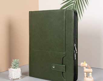 Personalized Green Leather Portfolio with iPad Pro Case,Document Holder with Zipper,A4 Notepad Folder Organizer,Gift for Him,Gift for Mother