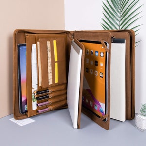 Pasta de couro Crazy Horse marrom personalizada, organizador de documentos com pasta de 3 argolas e capa removível para iPad, suporte para caderno A4, presente de Natal