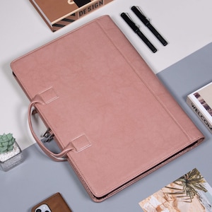 Personalized Vegan Leather Portfolio, Large Size Leather Padfolio, Customizable Document Organizer with Handle, Premium Anniversary Gifts