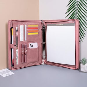 Funda de cartera de cuero Pu personalizada,Carpeta tipo portafolios de cuero personalizada,Organizador de documentos A4 grabado con carpeta de 3 anillas,Regalo de empresa