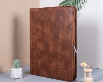 Retro Personalized Brown PU Leather Portfolio,Document Holder with Zipper,A4 Notepad Cover for Men, Gifts for Him,Mother's Day Gifts for Her