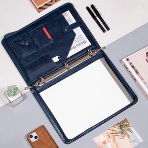 Capa de portfólio de couro azul marinho personalizada, pasta de couro personalizada com fichário de 3 argolas, porta-caderno A4 gravado, presentes de formatura