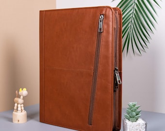 Engraved Brown Pu Leather Business Portfolio,Zippered Leather Organizer for Him,Personalized A4 Document Holder,Graduation Gift,Gift for Men