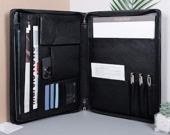 Personalisierte A4 Schwarz Vollrindsleder Portfolio, geprägte Echtleder Padfolio mit Reißverschluss, Multifunktions-Dokument-Organizer, Geschenke für Ihn