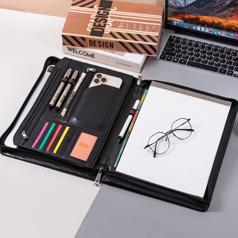 Personalized Black Vegan Leather Portfolio, Zippered A4 Notebook Holder ...