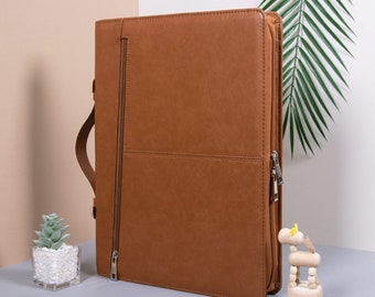 Engraved Brown Vegan Leather Portfolio,Leather Organizer with Handle,A4 Notebook Cover for Men,Gift for Him,Father’s Day Gift,Corporate Gift