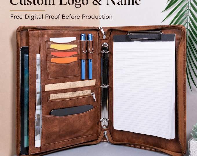 Personalized Vintage Leather Portfolio, Custom 3-Ring Binder Portfolio, Office Padfolio with Clipboard,Custom Company Gift,Gift for Collegue