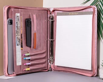 Pasta de couro personalizada, feita à mão em couro PU, para mulheres, com 3 argolas, ideal para documentos. Presente personalizado e perfeito para o Natal.