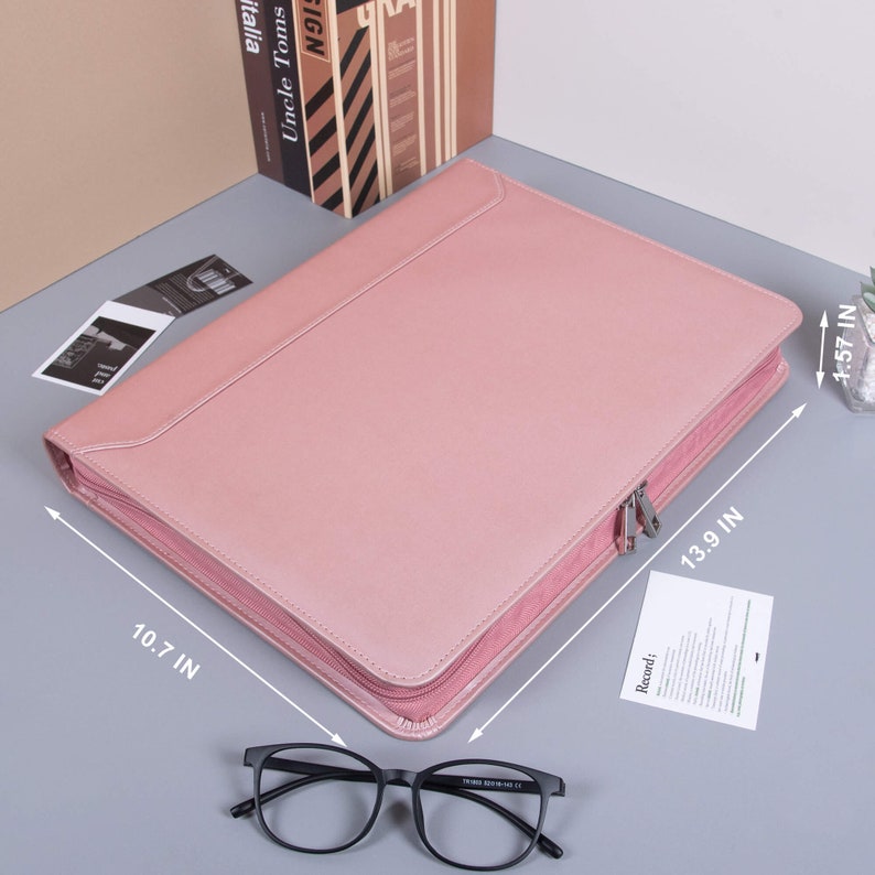 Personalized Pink PU Leather Portfolio for Women,3 Ring Binder Notepad Holder with Zipper, A4 Document Storage for Women, Gifts for Mother image 3