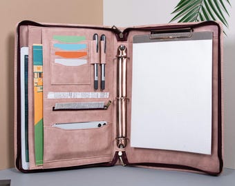 Engraved Vintage Leather Portfolio,Office Leather Padfolio with 3-Ring Binder,Monogrammed Leather Clipboard Folder for Her,Gift for Collegue