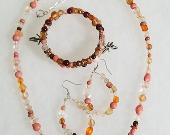 Boho Beaded Jewelry Set, Pink Brown Necklace Bracelet Earrings