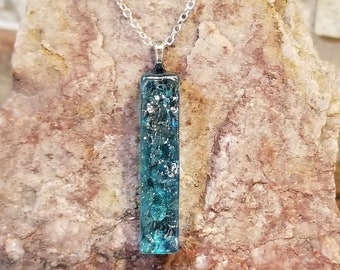 Turquoise Glass Tile Pendant Necklace, Silver Chain