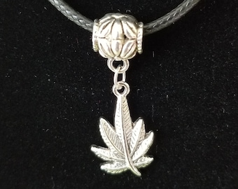 Hemp Leaf Pendant Necklace, Tibetan Silver Alloy, Faux Leather Cord