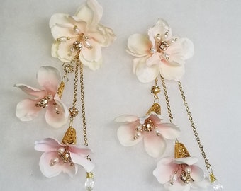 Cherry Blossom Bridal Earrings, Silk Flowers, Freshwater Pearl, Gold Crystal