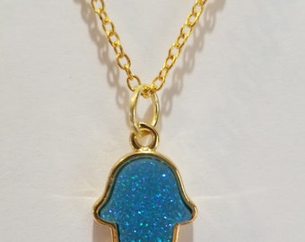 Hamsa Hand Druzy Pendant and Silver or Gold Necklace, Protection Jewelry