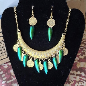 Elytra Beetle Wing Egyptian Inspired Necklace and Earring Set
